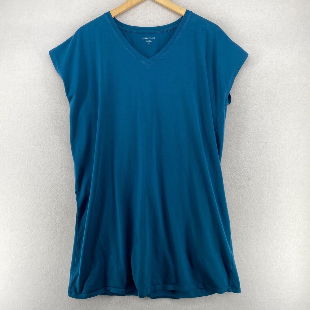 EILEEN FISHER Dress L Stretch Organic Cotton Jersey Shift Shirtdress Blue